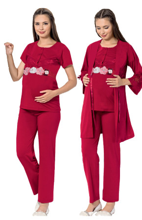 Bordo Renk, Kısa Kol, Dantel Detaylı, Sabahlıklı Lohusa Hamile Pijama Takımı Jenika 51693