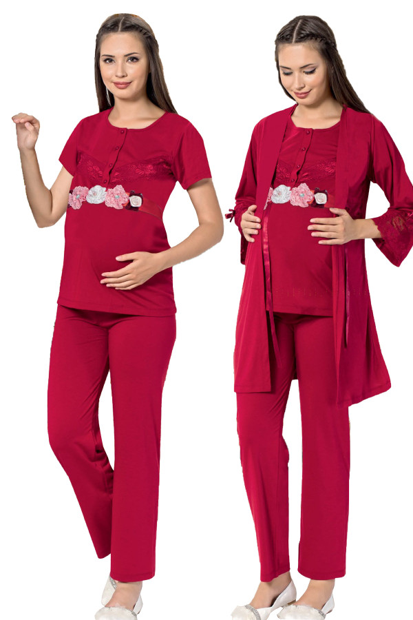 bordo renk, kısa kol, dantel detaylı, sabahlıklı lohusa hamile pijama takımı jenika 51693, jenika-51693, lohusa pijama takımları