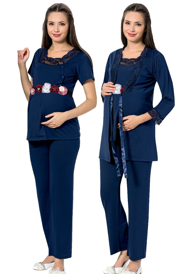 lacivert renk kısa kol dantel detaylı sabahlıklı lohusa hamile pijama takımı jenika 51698, jenika-51698, lohusa pijama takımları, Jenika