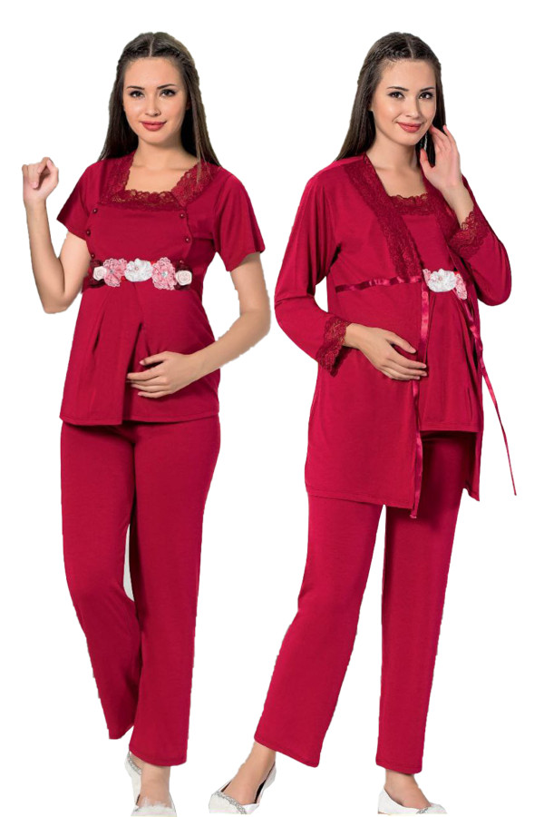 bordo renk kısa kol dantel detaylı sabahlıklı lohusa hamile pijama takımı jenika 51699, jenika-51699, lohusa pijama takımları