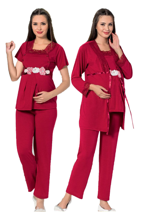 bordo renk kısa kol dantel detaylı sabahlıklı lohusa hamile pijama takımı jenika 51699, jenika-51699, lohusa pijama takımları, Jenika