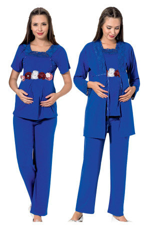 Mavi Renk, Kısa Kol, Dantel Detaylı, Sabahlıklı Lohusa Hamile Pijama Takımı Jenika 51700