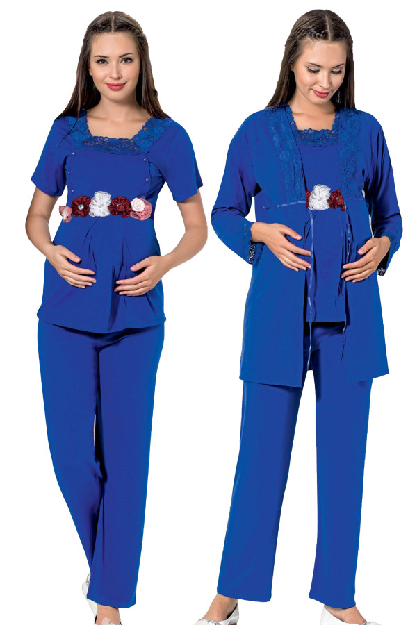 mavi renk, kısa kol, dantel detaylı, sabahlıklı lohusa hamile pijama takımı jenika 51700, jenika-51700, lohusa pijama takımları, Jenika
