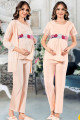 krem renk, kısa kol, dantel detaylı, sabahlıklı lohusa hamile pijama takımı jenika 51707, jenika-51707, lohusa pijama takımları, Jenika
