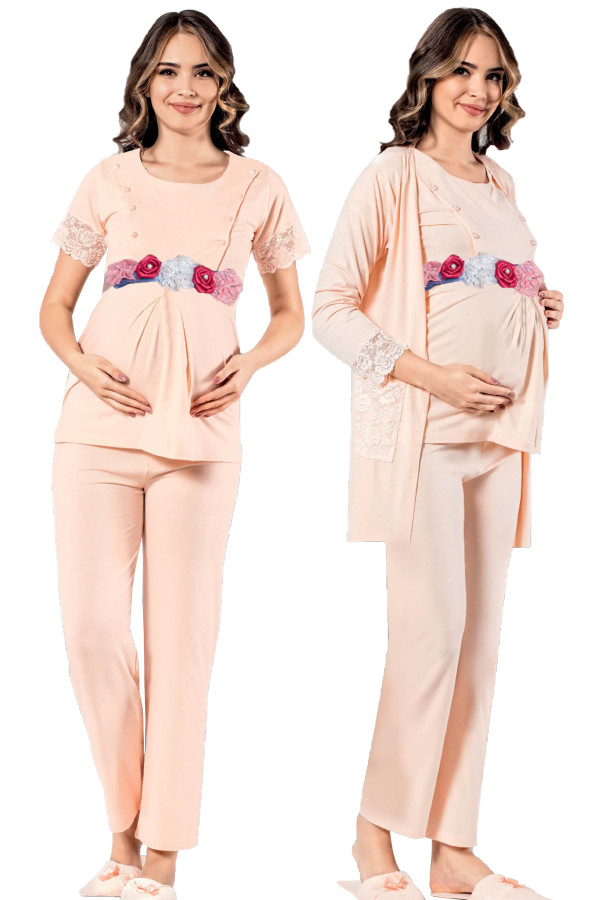 krem renk, kısa kol, dantel detaylı, sabahlıklı lohusa hamile pijama takımı jenika 51707, jenika-51707, lohusa pijama takımları, Jenika