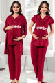 bordo renk, kısa kol, dantel detaylı, sabahlıklı lohusa hamile pijama takımı jenika 51708, jenika-51708, lohusa pijama takımları