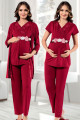bordo renk, kısa kol, dantel detaylı, sabahlıklı lohusa hamile pijama takımı jenika 51708, jenika-51708, lohusa pijama takımları, Jenika