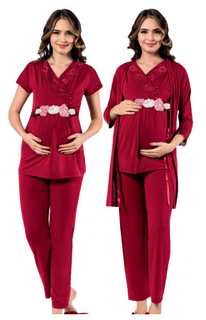 Bordo Renk, Kısa Kol, Dantel Detaylı, Sabahlıklı Lohusa Hamile Pijama Takımı Jenika 51708
