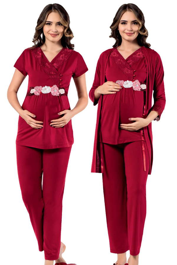 bordo renk, kısa kol, dantel detaylı, sabahlıklı lohusa hamile pijama takımı jenika 51708, jenika-51708, lohusa pijama takımları