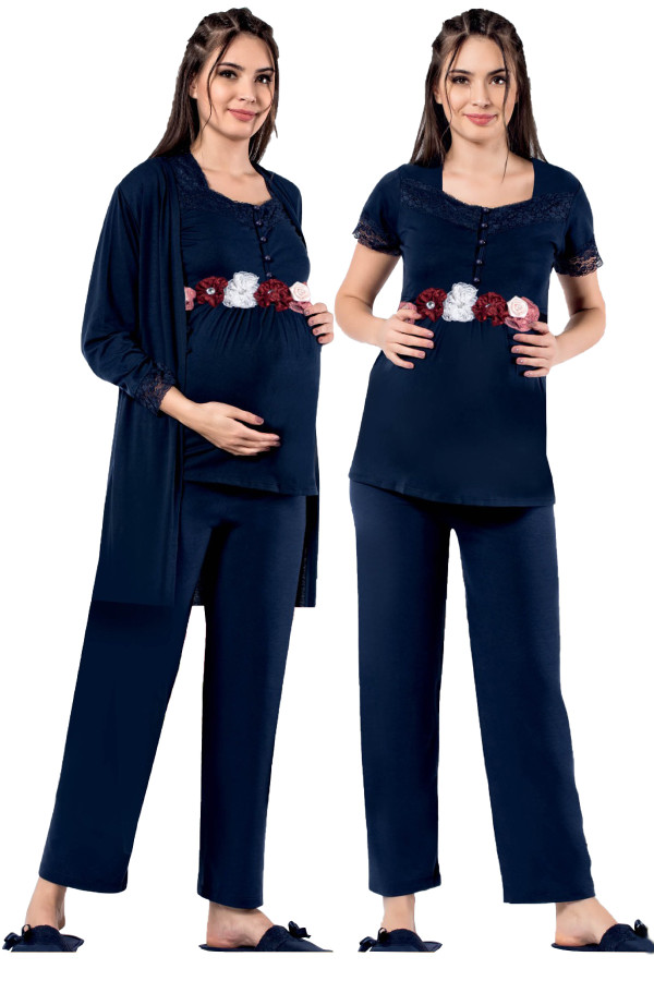 lacivert renk kısa kol dantel detaylı sabahlıklı lohusa hamile pijama takımı jenika 51719, jenika-51719, lohusa pijama takımları, Jenika