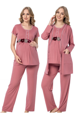 Gül Kurusu Renk Kısa Kol Dantel Detaylı Sabahlıklı Lohusa Hamile Pijama Takımı Jenika 51723