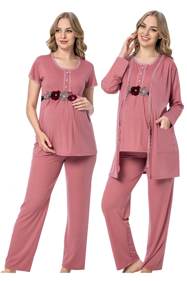 gül kurusu renk kısa kol dantel detaylı sabahlıklı lohusa hamile pijama takımı jenika 51723, jenika-51723, lohusa pijama takımları