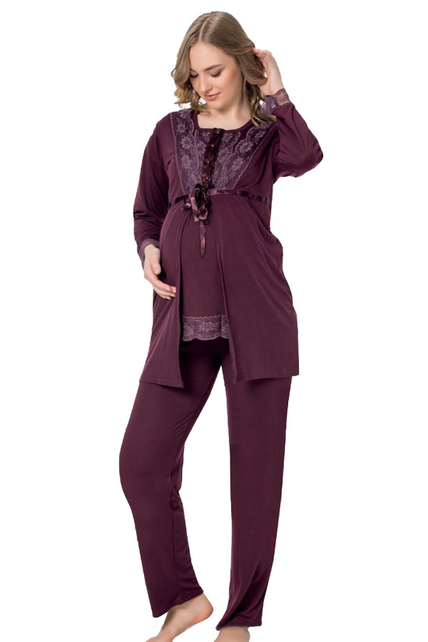 mürdüm renk, kısa kol, dantel detaylı, sabahlıklı lohusa hamile pijama takımı jenika 35766, jenika-35766, lohusa pijama takımları, Jenika