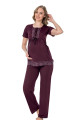 mürdüm renk, kısa kol, dantel detaylı, sabahlıklı lohusa hamile pijama takımı jenika 35766, jenika-35766, lohusa pijama takımları, Jenika