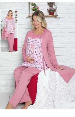 Sabahlıklı Lohusa Pijama Takımı Jenika 42502 3lü Sabahlıklı Hamile Pijaması