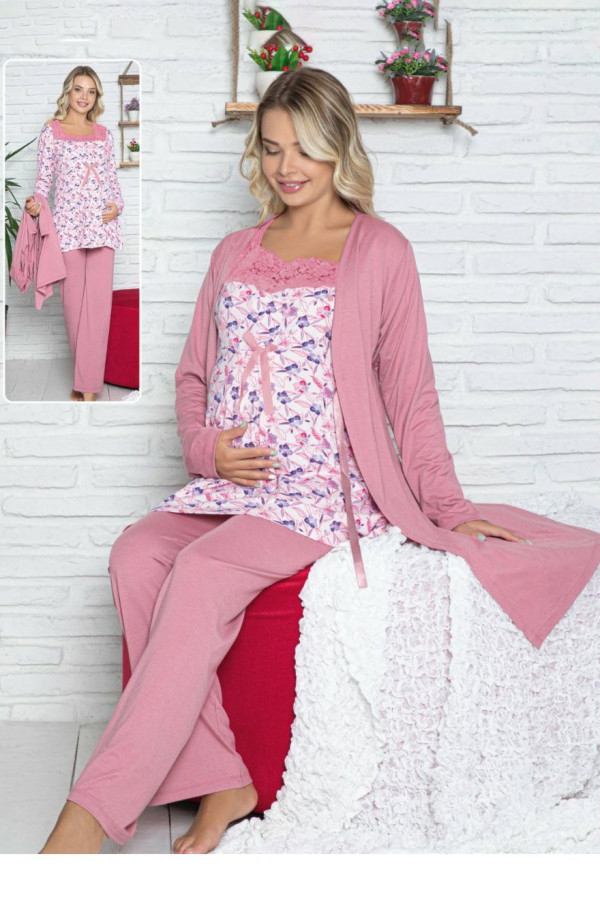 sabahlıklı lohusa pijama takımı jenika 42502 3lü sabahlıklı hamile pijaması, jenika 42502, lohusa pijama takımları, Jenika