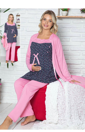 Sabahlıklı Lohusa Pijama Takımı Jenika 42519 - 3lü Sabahlıklı Hamile Pijaması