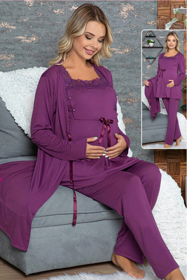 sabahlıklı lohusa pijama takımı jenika 42346 - 3lü sabahlıklı hamile pijaması, jenika 42346, lohusa pijama takımları, Jenika