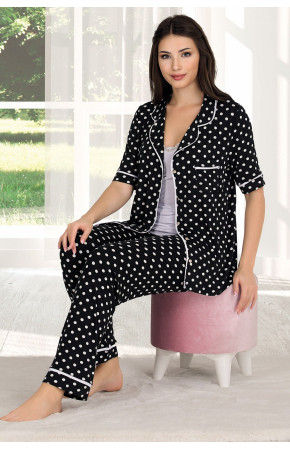 Lady 20000 Kadın 3 Parça ve Düğmeli Kısa Kol Pijama Takımı