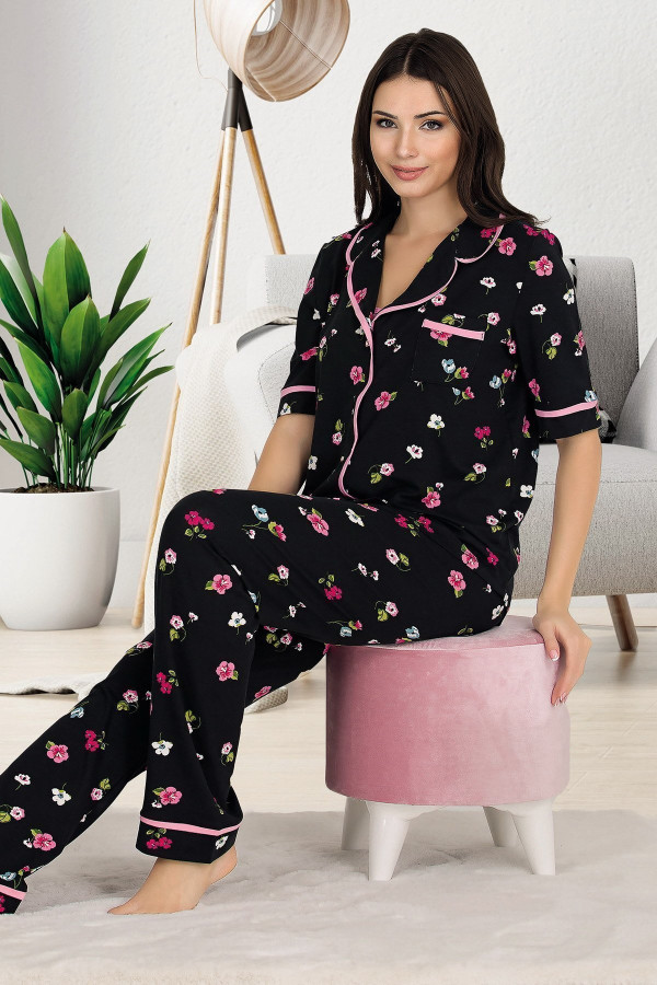 lady 20003 kadın 3 parça ve düğmeli kısa kol pijama takımı, lady20003, lady pijama takımı, Lady