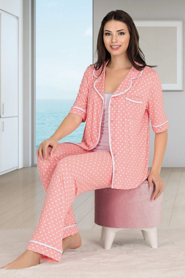 lady 20011 kadın 3 parça ve düğmeli kısa kol pijama takımı, lady20011, lady pijama takımı, Lady