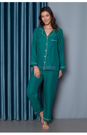 Koyu Yeşil Renk Önden Düğmeli Teknur 2476 Dokuma Kumaş  Uzun Kol Kadın Pijama Takımı