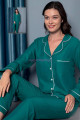 koyu yeşil renk önden düğmeli teknur 2476 dokuma kumaş  uzun kol kadın pijama takımı, teknur-2476, teknur pijama takımı