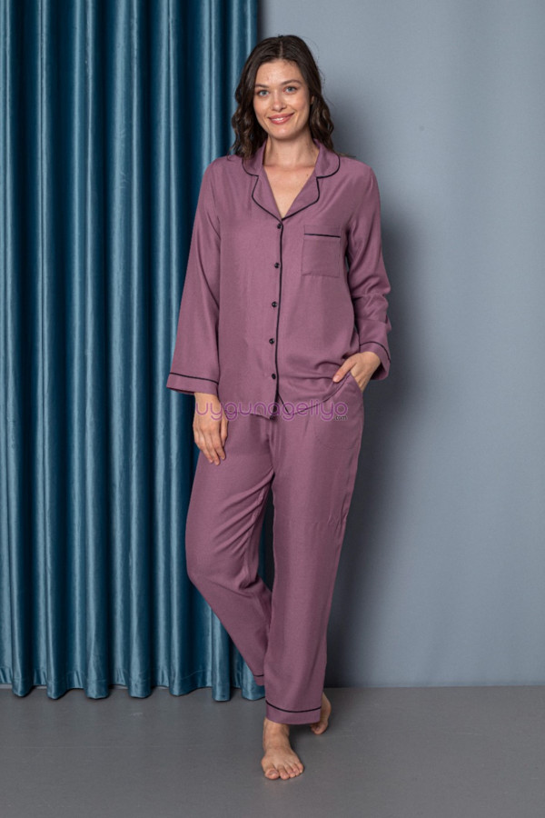 gül kurusu renk önden düğmeli teknur 2477 dokuma kumaş  uzun kol kadın pijama takımı, teknur-2477, teknur pijama takımı, Teknur