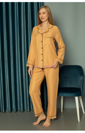 Altın Sarı Renk Önden Düğmeli Teknur 2479 Dokuma Kumaş  Uzun Kol Kadın Pijama Takımı