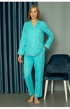 Cam Göbeği Renk Önden Düğmeli Teknur 2480 Dokuma Kumaş  Uzun Kol Kadın Pijama Takımı