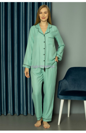 Turkuaz Yeşil Renk Önden Düğmeli Teknur 2481 Dokuma Kumaş  Uzun Kol Kadın Pijama Takımı