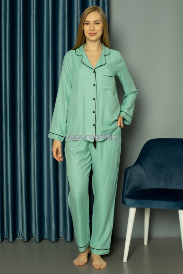 turkuaz yeşil renk önden düğmeli teknur 2481 dokuma kumaş  uzun kol kadın pijama takımı, teknur-2481, teknur pijama takımı