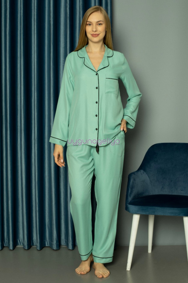 turkuaz yeşil renk önden düğmeli teknur 2481 dokuma kumaş  uzun kol kadın pijama takımı, teknur-2481, teknur pijama takımı, Teknur
