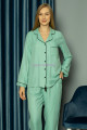 turkuaz yeşil renk önden düğmeli teknur 2481 dokuma kumaş  uzun kol kadın pijama takımı, teknur-2481, teknur pijama takımı