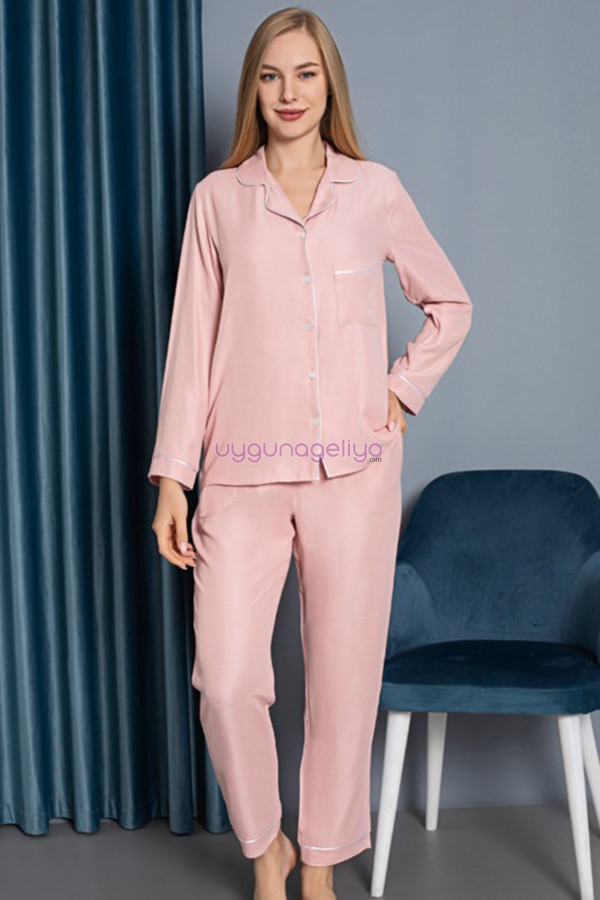 pembe renk önden düğmeli teknur 2482 dokuma kumaş  uzun kol kadın pijama takımı, teknur-2482, teknur pijama takımı, Teknur