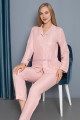 pembe renk önden düğmeli teknur 2482 dokuma kumaş  uzun kol kadın pijama takımı, teknur-2482, teknur pijama takımı, Teknur