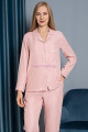 pembe renk önden düğmeli teknur 2482 dokuma kumaş  uzun kol kadın pijama takımı, teknur-2482, teknur pijama takımı