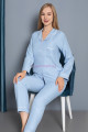 bebe mavisi renk önden düğmeli teknur 2483 dokuma kumaş  uzun kol kadın pijama takımı, teknur-2483, teknur pijama takımı