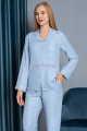 bebe mavisi renk önden düğmeli teknur 2483 dokuma kumaş  uzun kol kadın pijama takımı, teknur-2483, teknur pijama takımı