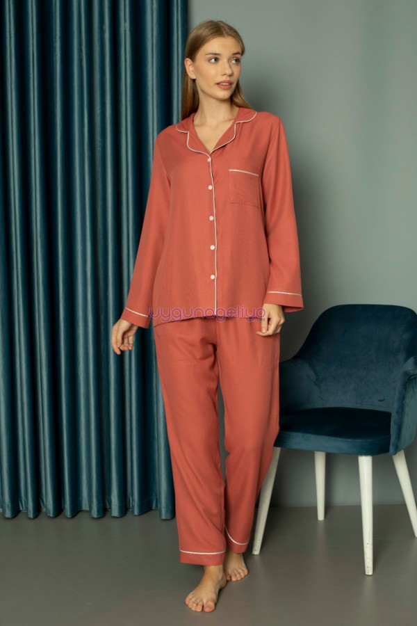 turuncu renk önden düğmeli teknur 2485 dokuma kumaş  uzun kol kadın pijama takımı, teknur-2485, teknur pijama takımı, Teknur