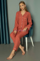 turuncu renk önden düğmeli teknur 2485 dokuma kumaş  uzun kol kadın pijama takımı, teknur-2485, teknur pijama takımı