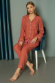 turuncu renk önden düğmeli teknur 2485 dokuma kumaş  uzun kol kadın pijama takımı, teknur-2485, teknur pijama takımı, Teknur