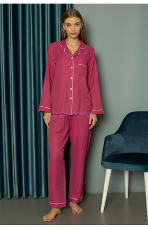 Fuşya Renk Önden Düğmeli Teknur 2486 Dokuma Kumaş  Uzun Kol Kadın Pijama Takımı