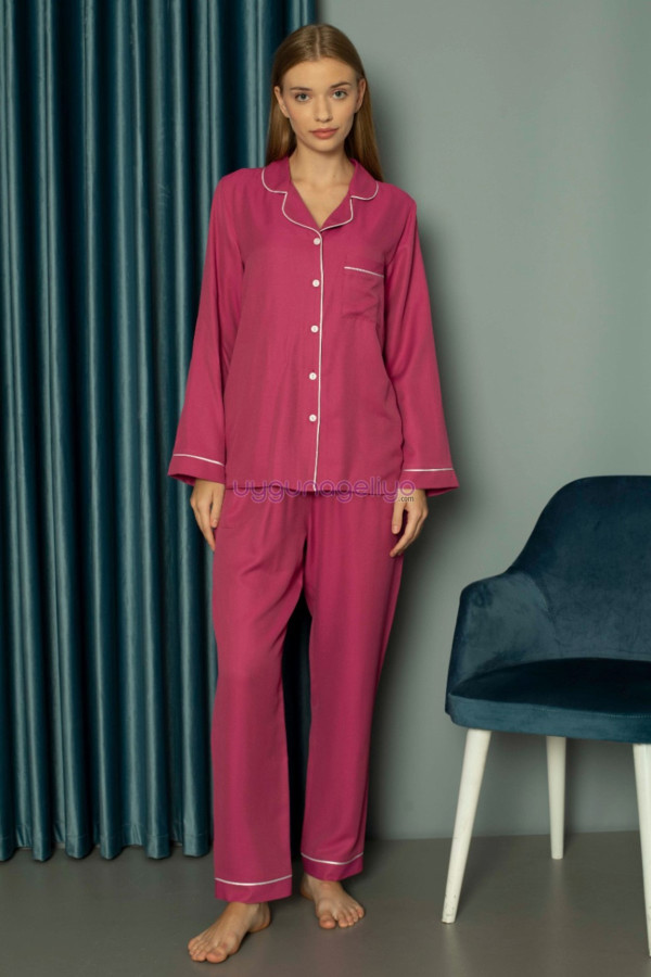 fuşya renk önden düğmeli teknur 2486 dokuma kumaş  uzun kol kadın pijama takımı, teknur-2486, teknur pijama takımı