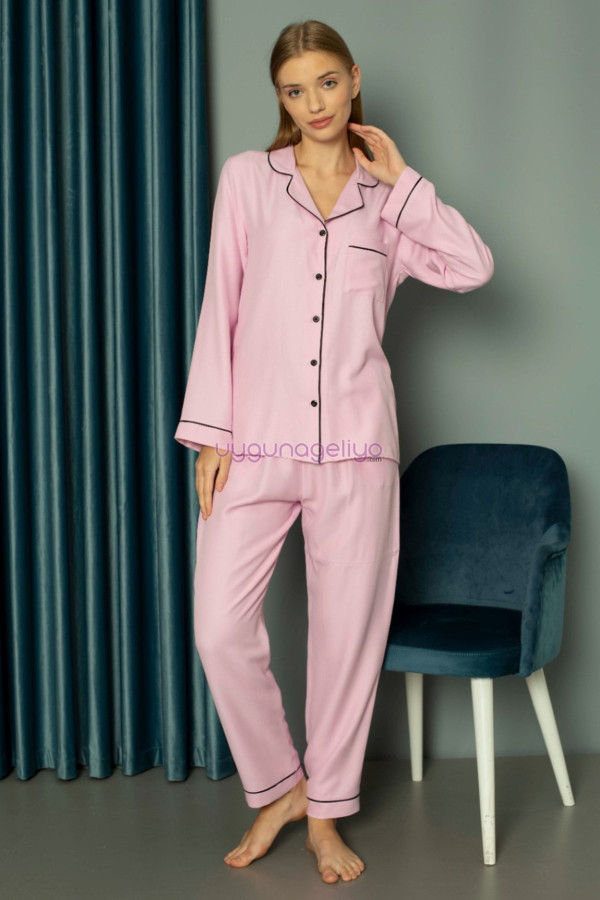pembe renk önden düğmeli teknur 2487 dokuma kumaş  uzun kol kadın pijama takımı, teknur-2487, teknur pijama takımı, Teknur