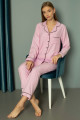 pembe renk önden düğmeli teknur 2487 dokuma kumaş  uzun kol kadın pijama takımı, teknur-2487, teknur pijama takımı