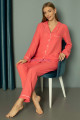 koyu pembe renk önden düğmeli teknur 2488 dokuma kumaş  uzun kol kadın pijama takımı, teknur-2488, teknur pijama takımı
