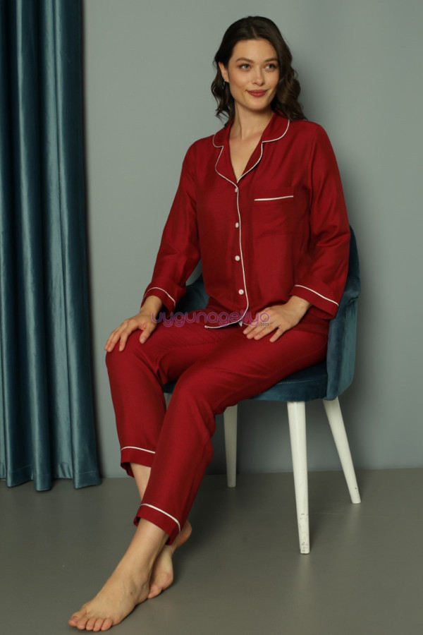 bordo renk önden düğmeli teknur 2489 dokuma kumaş  uzun kol kadın pijama takımı, teknur-2489, teknur pijama takımı