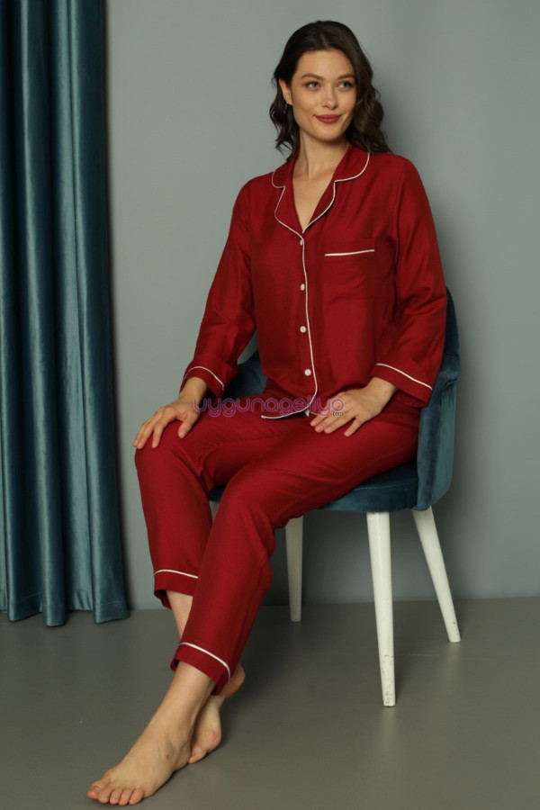 bordo renk önden düğmeli teknur 2489 dokuma kumaş  uzun kol kadın pijama takımı, teknur-2489, teknur pijama takımı, Teknur
