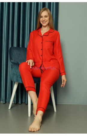 Kırmızı Renk Önden Düğmeli Teknur 2492 Dokuma Kumaş  Uzun Kol Kadın Pijama Takımı